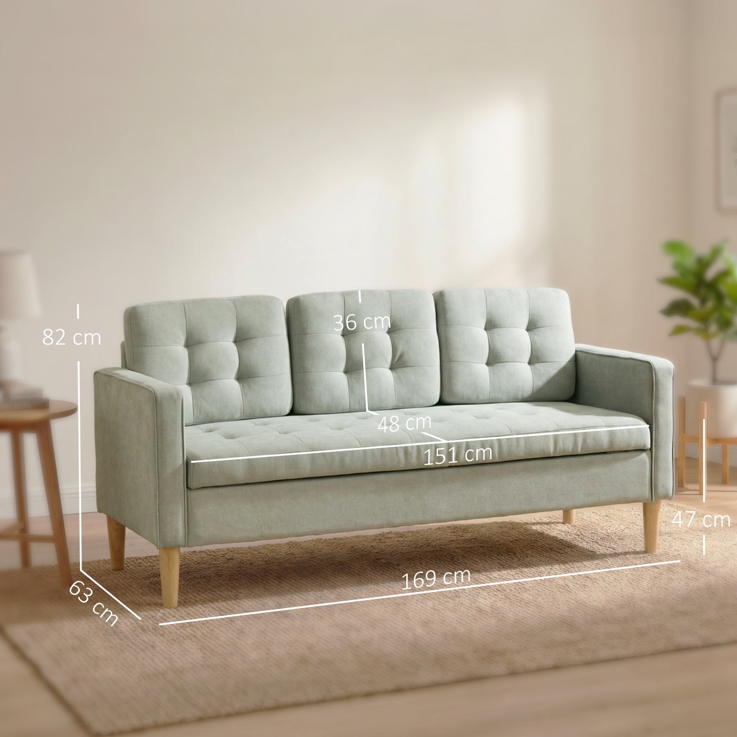 HOMCOM 3 Seater Sofa With Hidden Storage And Wood Legs 169cm Light Grey Upholstery For Living Room