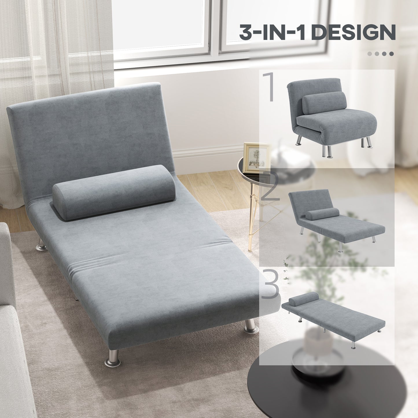 HOMCOM Velvet Feel Sleeper Chair Grey 3 In 1 Chair To Chaise And Sleeper Bed With Adjustable Backrest 90 To 180 Degrees