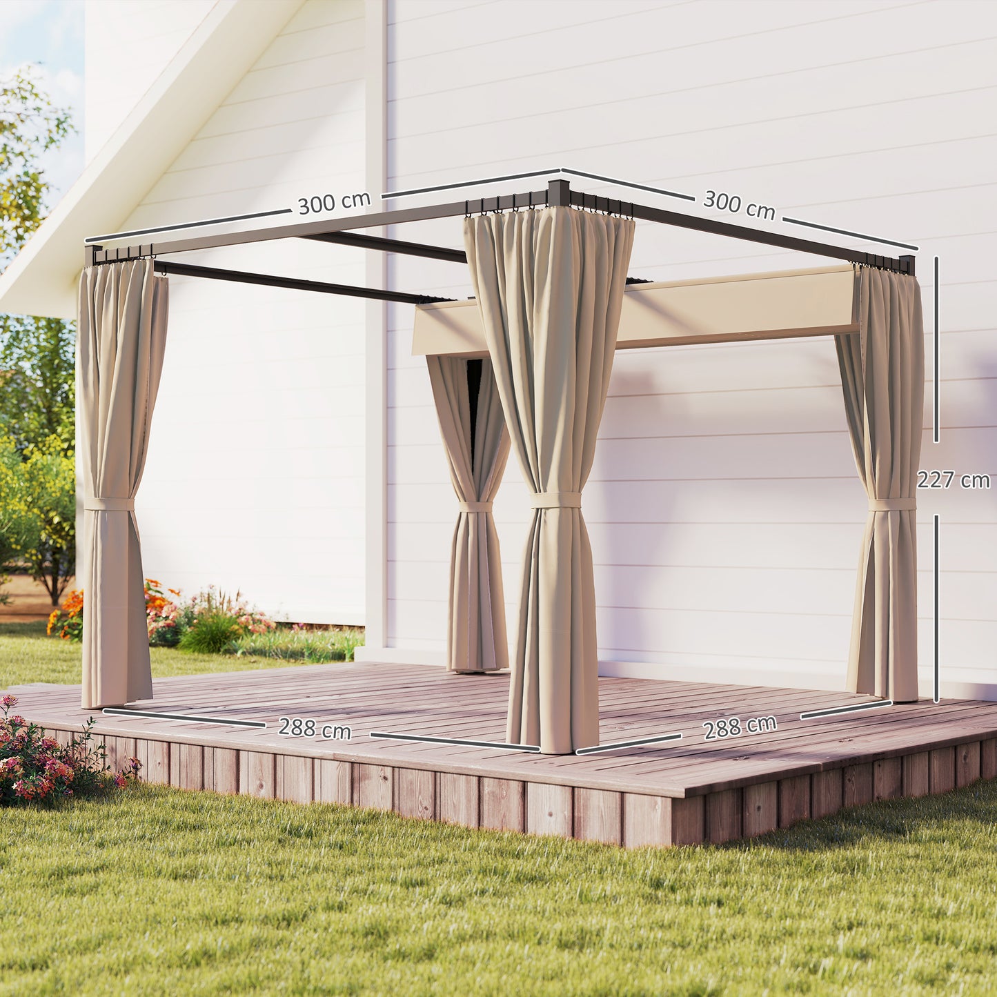 Outsunny 3x3m Retractable Roof Pergola With Curtains Khaki Patio Shade Canopy Outdoor