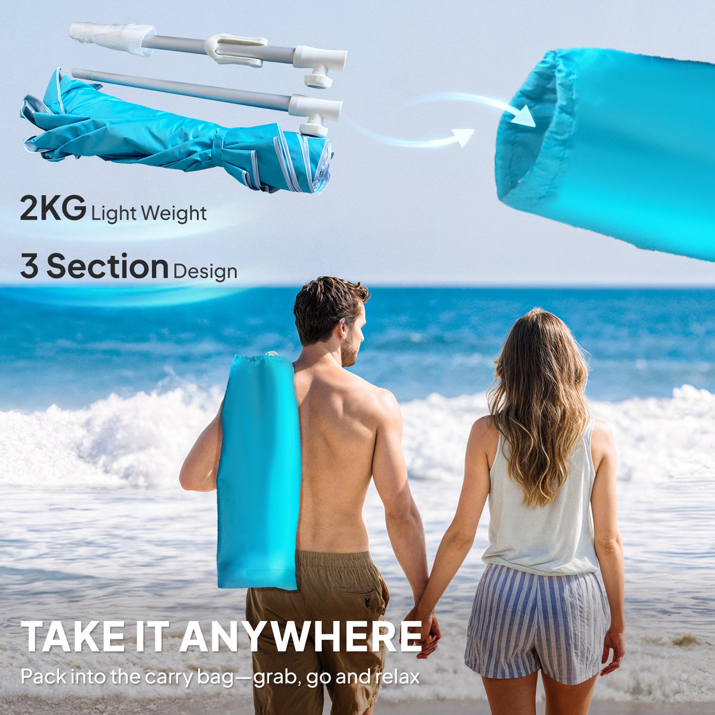Outsunny Beach Umbrella Portable With Sand Anchor Carry Bag Adjustable Height And Tilt UPF50 Plus UV Protection Blue
