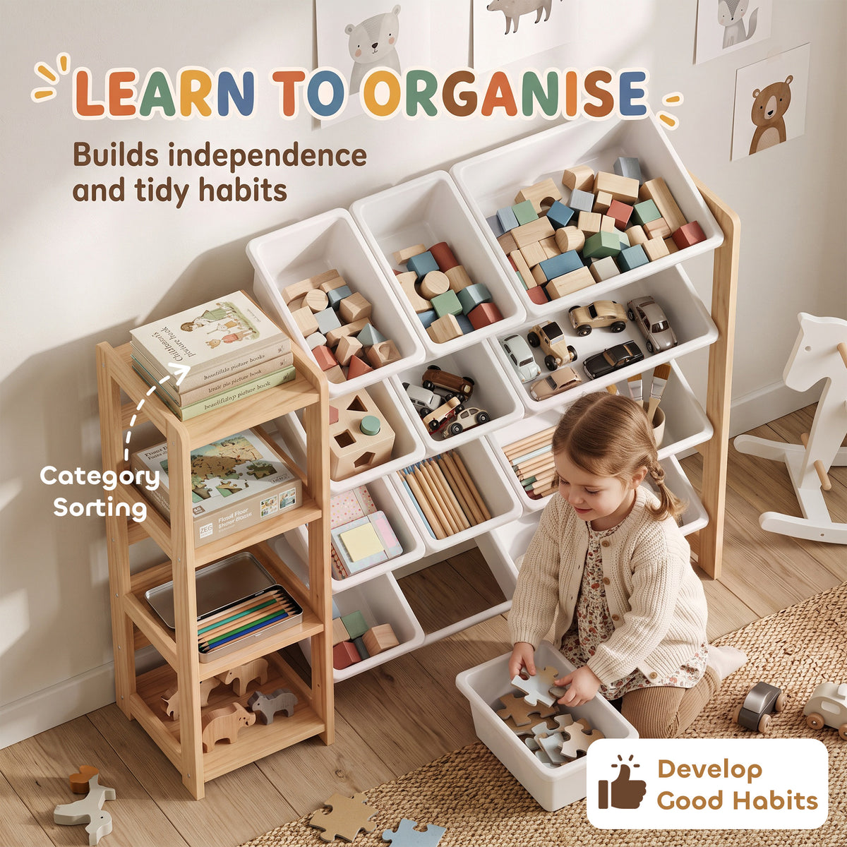 Toy storage organizer with open shelves and bins for sorting toys