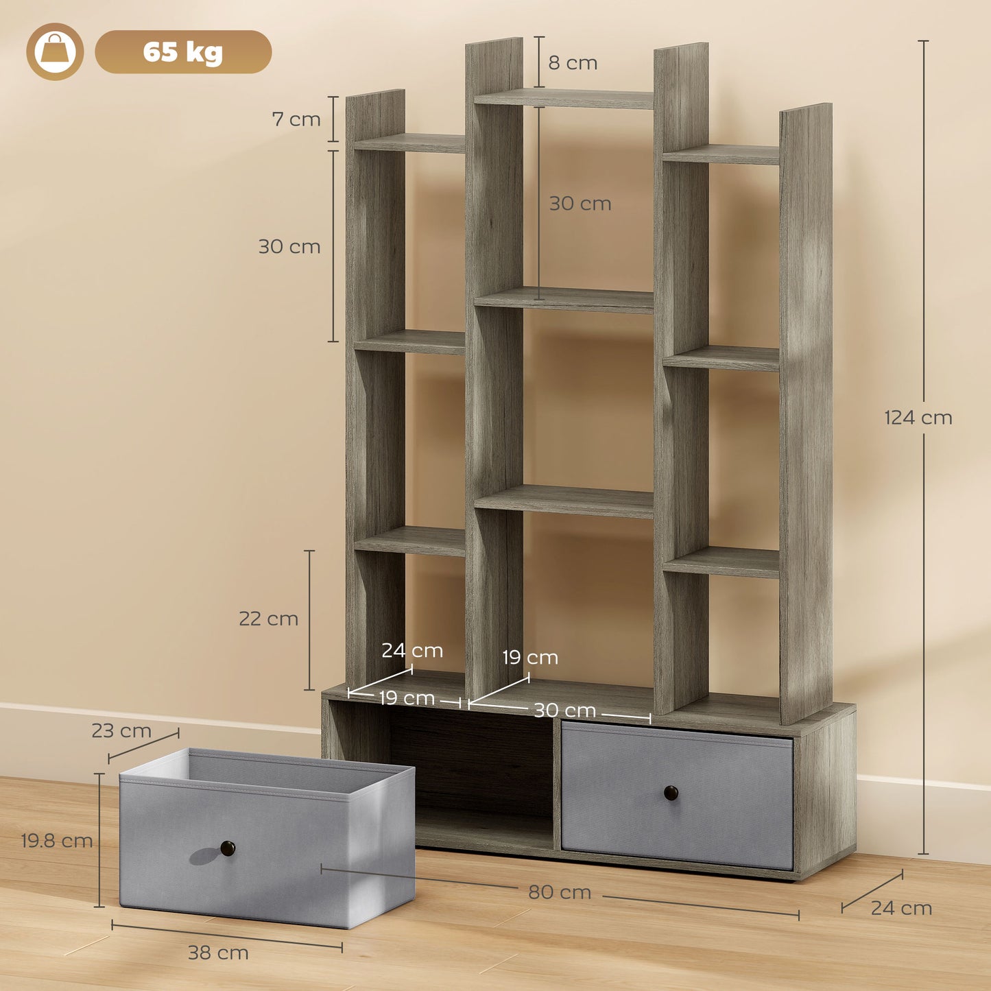 HOMCOM 12 Shelf Storage Unit With Drawers Graphite Wood Effect Anti Tip Kit For Stable Family Safe Home Organization