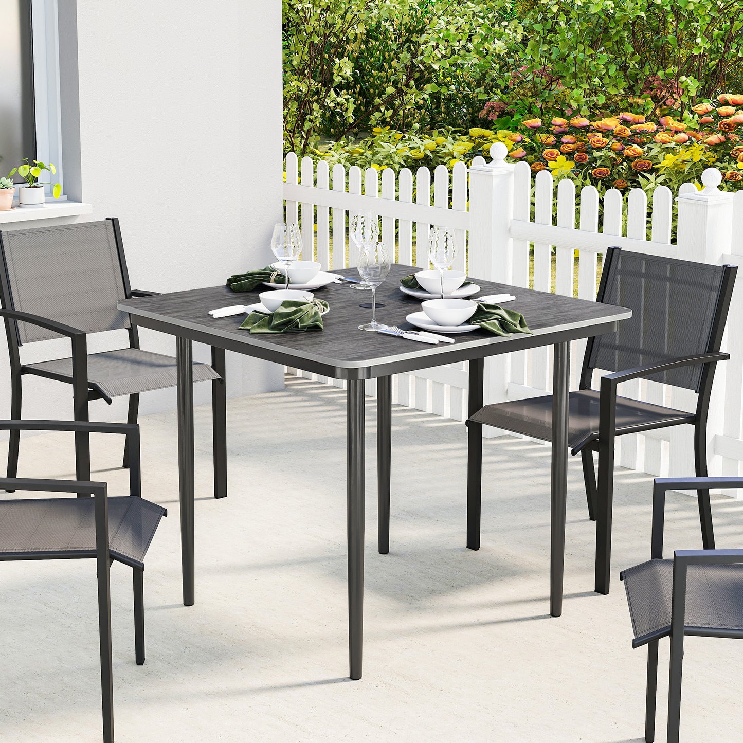 Outsunny 85 cm Square Garden Dining Table for 4 with Umbrella Hole Faux Wood Top Metal Legs Dark Grey