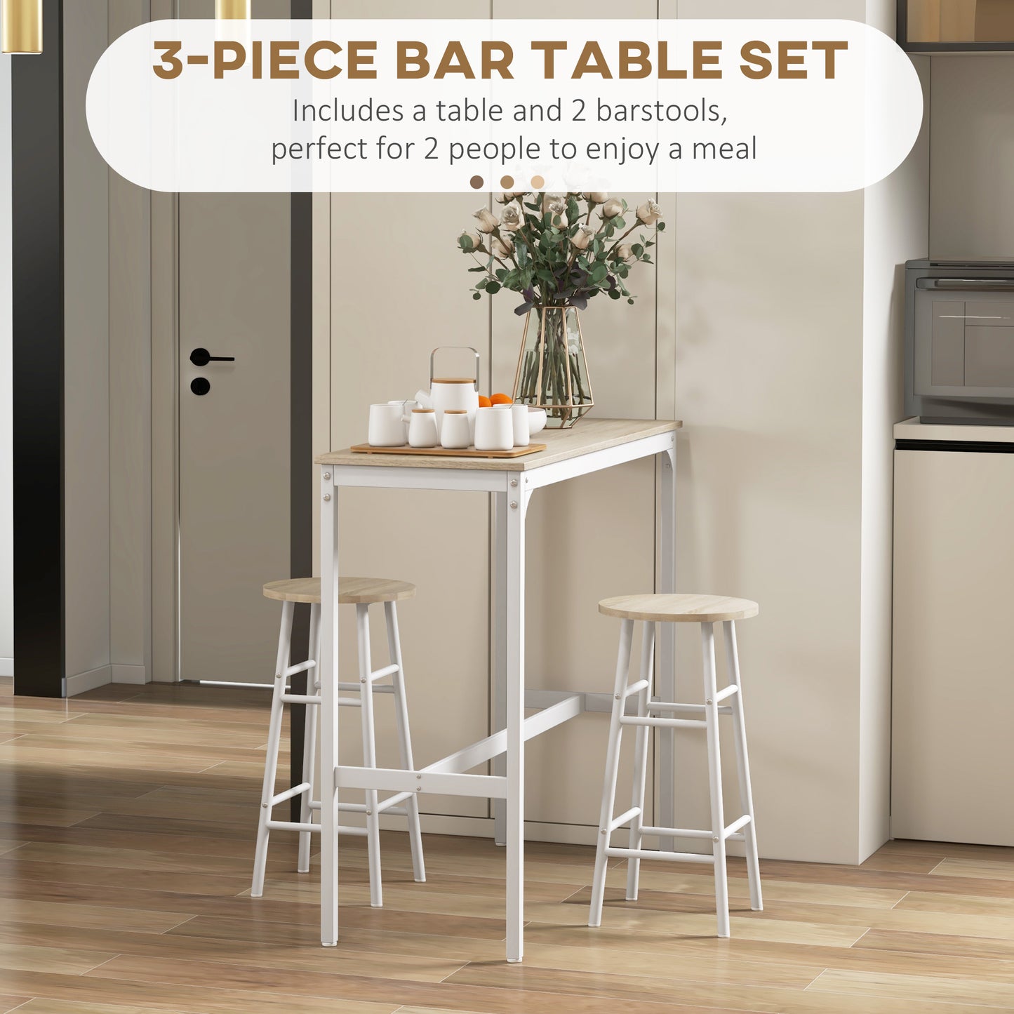 HOMCOM 3 Piece Bar Table Set With 2 Stools Industrial Oak Table Top Dining Set For Two