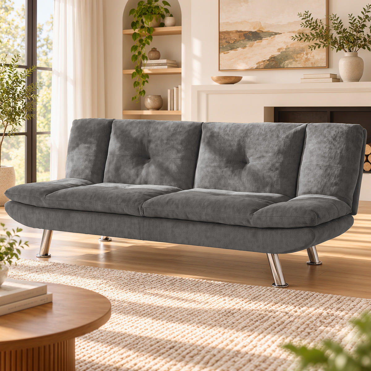 Gray 3-seater convertible sofa bed with adjustable backrest and tufted cushions