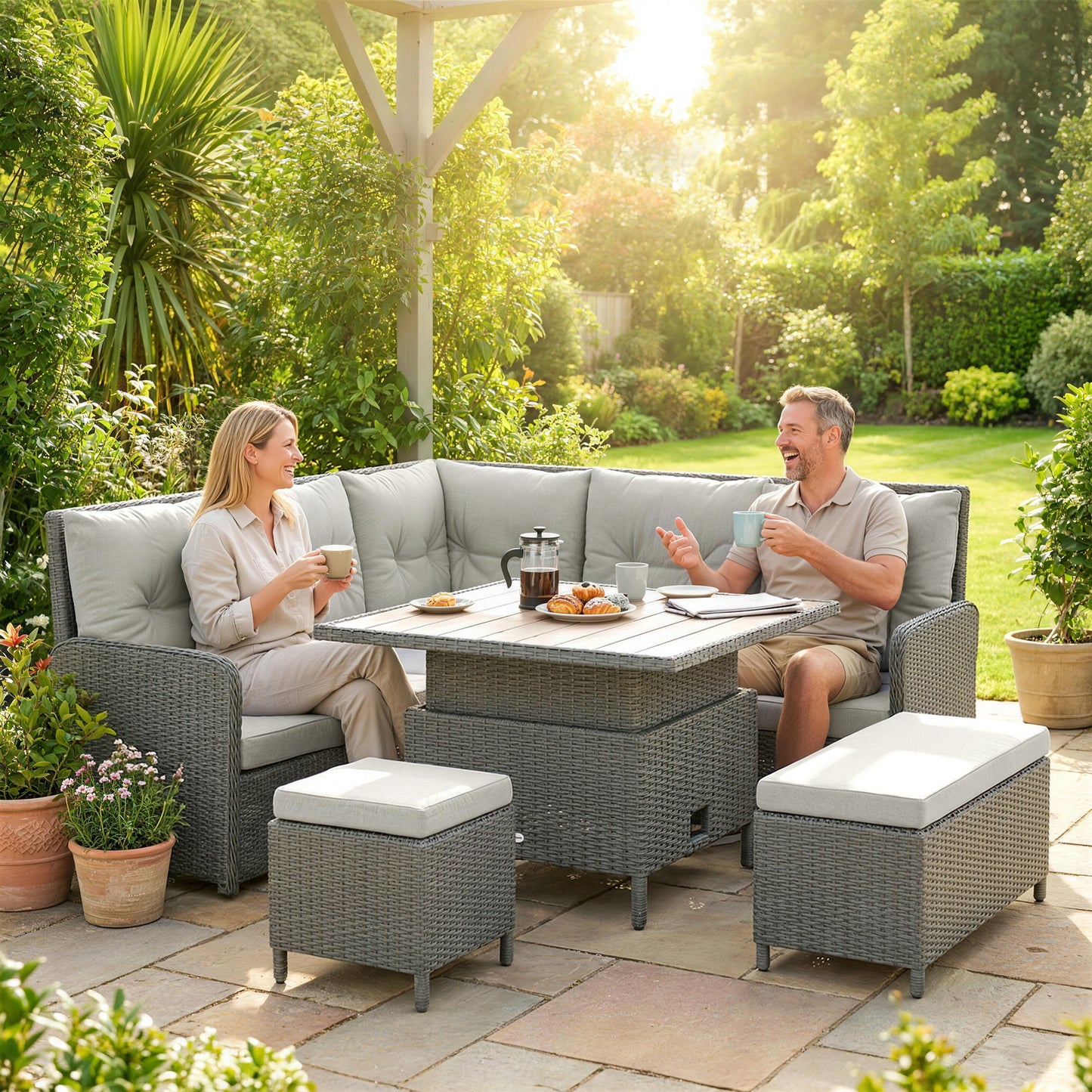 Outsunny Six Piece Outdoor PE Rattan Patio Furniture Set With Corner Sofa And Wicker Lounge Conversation Set