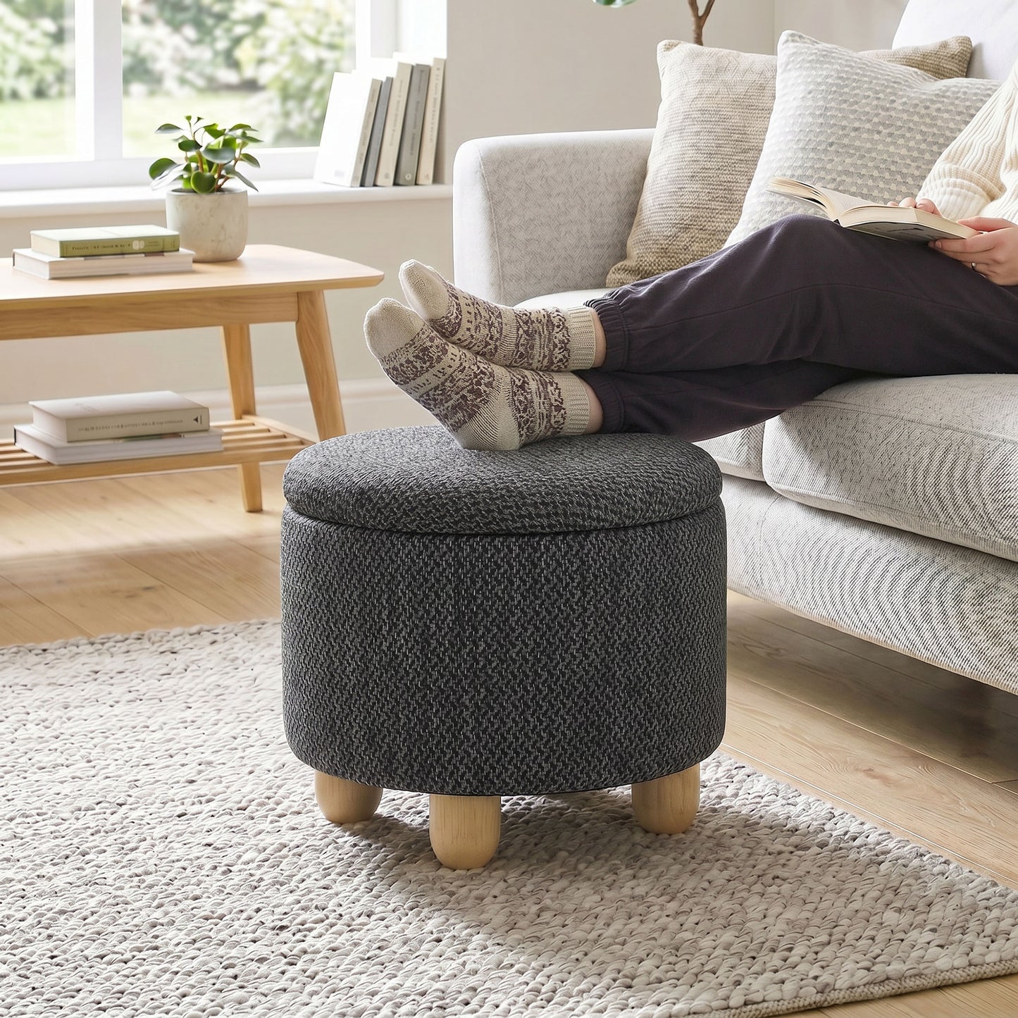HOMCOM Round Storage Ottoman Bench With Lid And Rubberwood Legs For Living Room Dark Grey