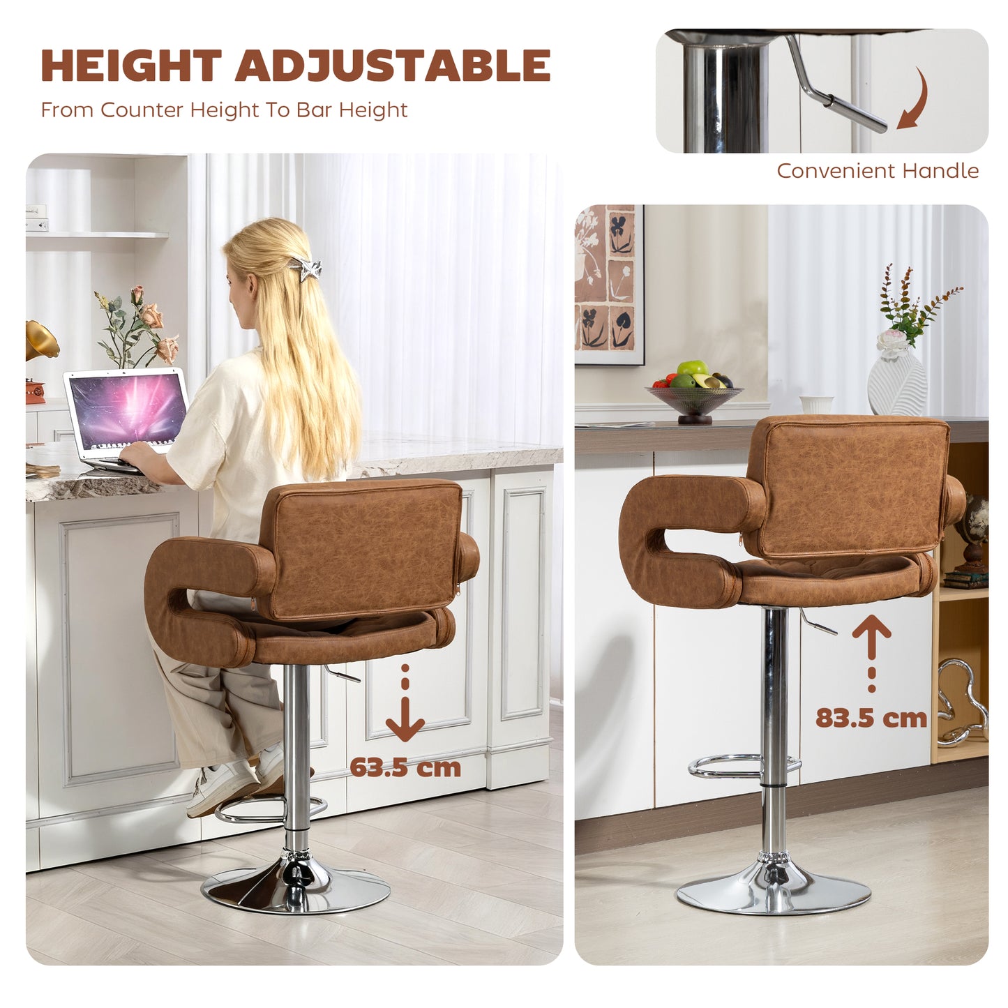 Homcom PU Leather Swivel Bar Stool With Back And Armrest Height Adjustable Footrest Brown Chrome Base