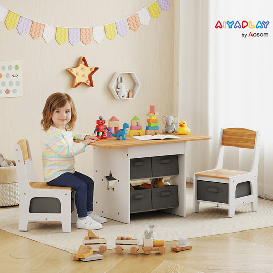 AIYAPLAY Kids Table and Chair Set With 2 Chairs 6 Removable Drawers For Ages 3 To 8 Natural Finish