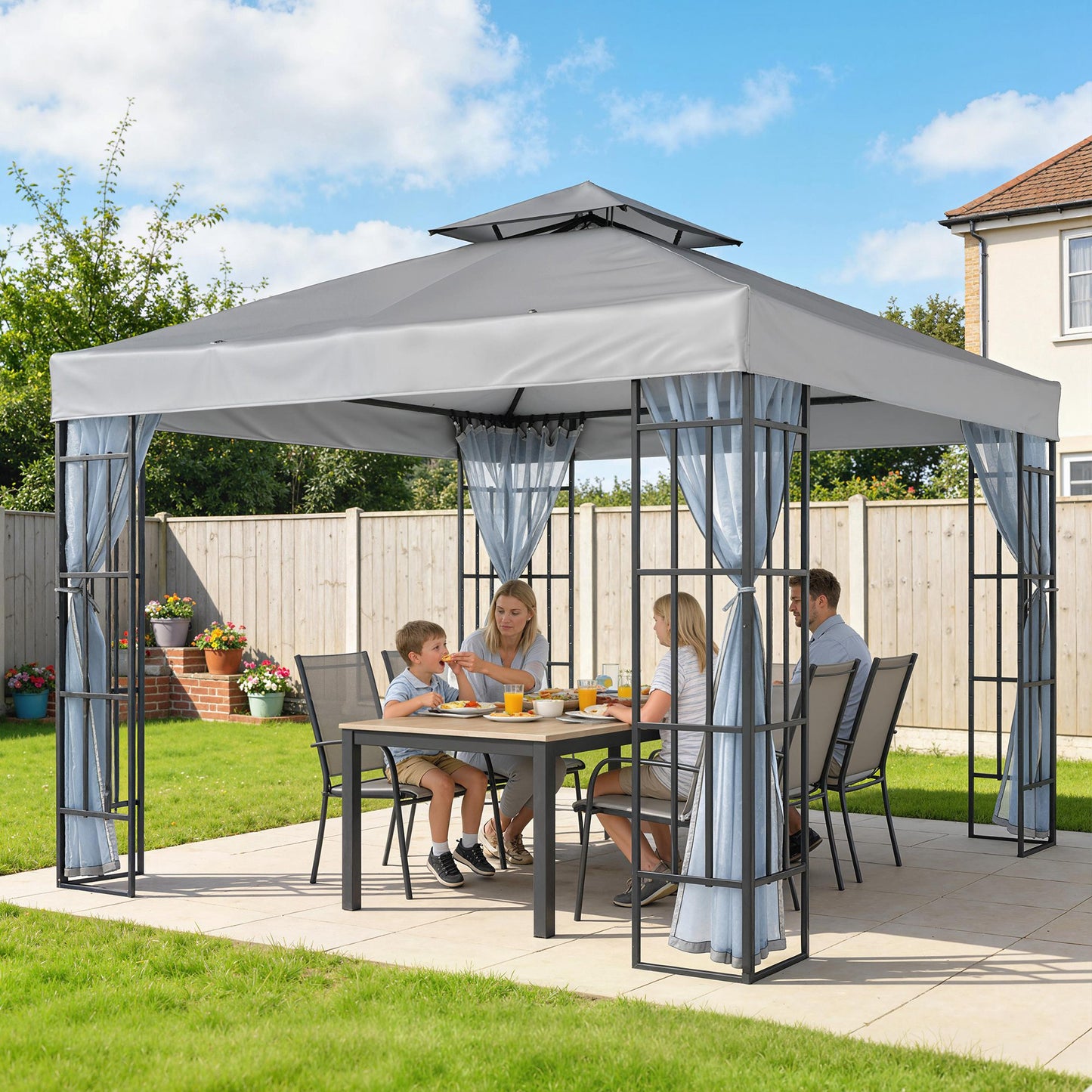Outsunny 3x3m Patio Gazebo Canopy Garden Pavilion Tent Shelter With Mosquito Netting 2 Tier Roof Light Grey
