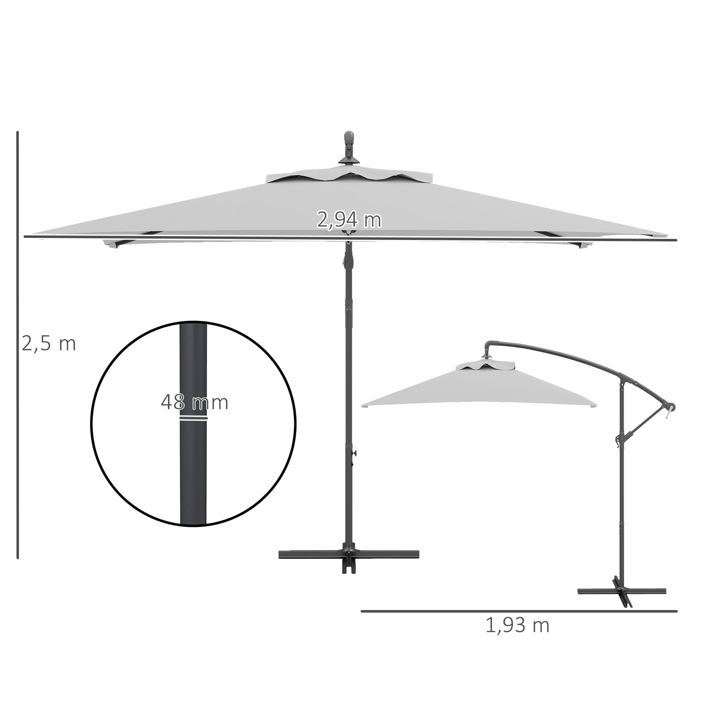 Outsunny 3m Cantilever Parasol With Cross Base Light Grey Crank Handle For Easy Opening And Closing