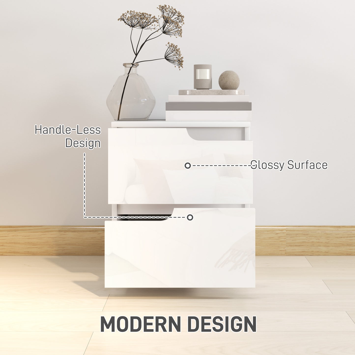 HOMCOM White High Gloss Bedside Tables Set Of 2 With Handleless Design And Two Drawers