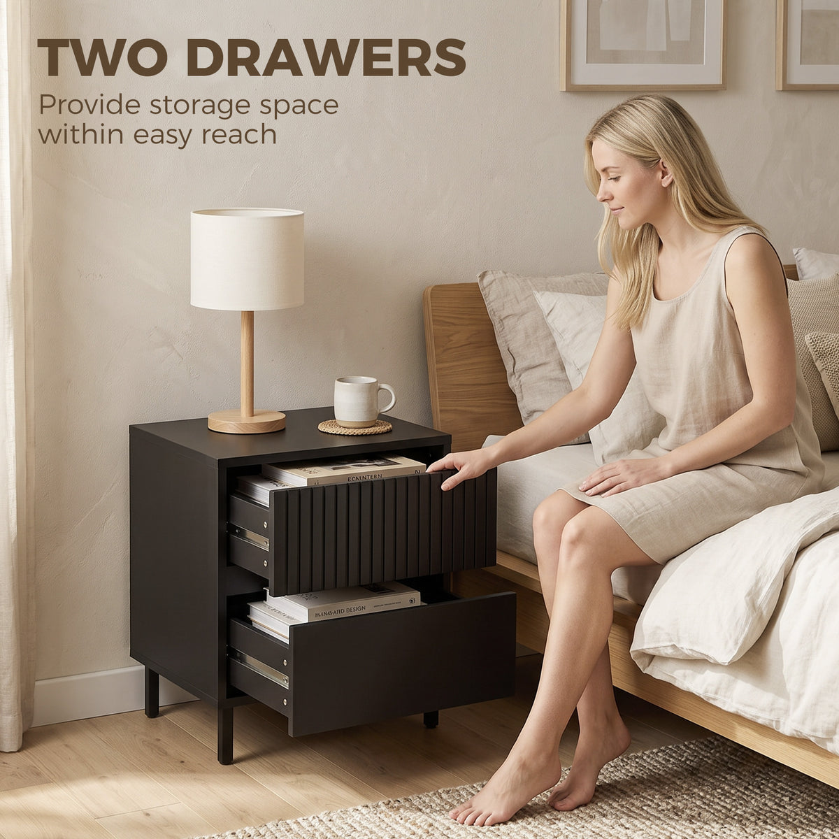 Homcom Black Nightstand With Two Drawers And Steel Legs For Bedroom