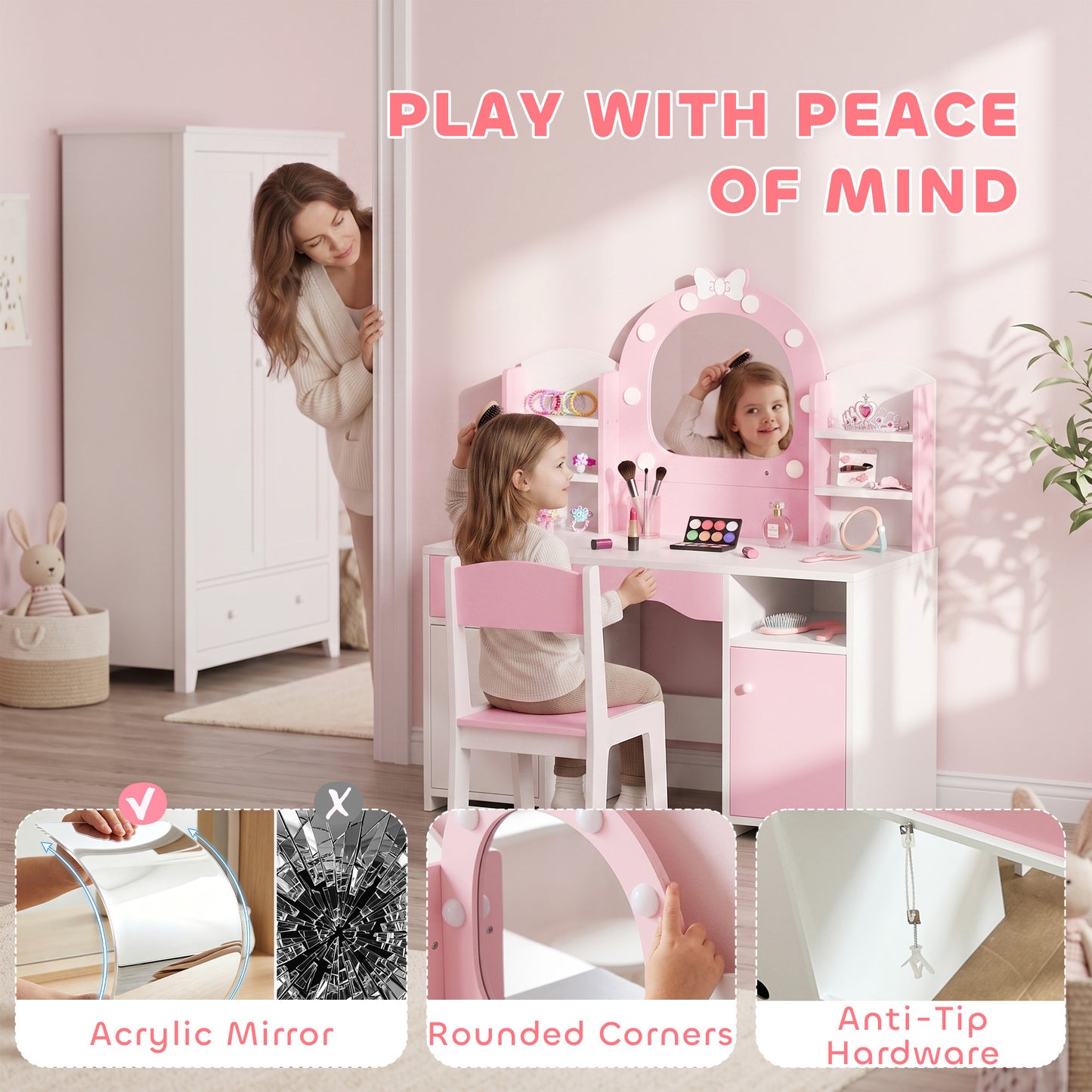 AIYAPLAY Kids Vanity Set Pink With Lighted Mirror And Storage Stool