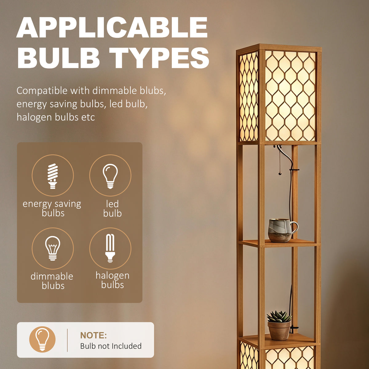 Dual head floor lamp with lattice shade panels, middle open shelf, and power cord
