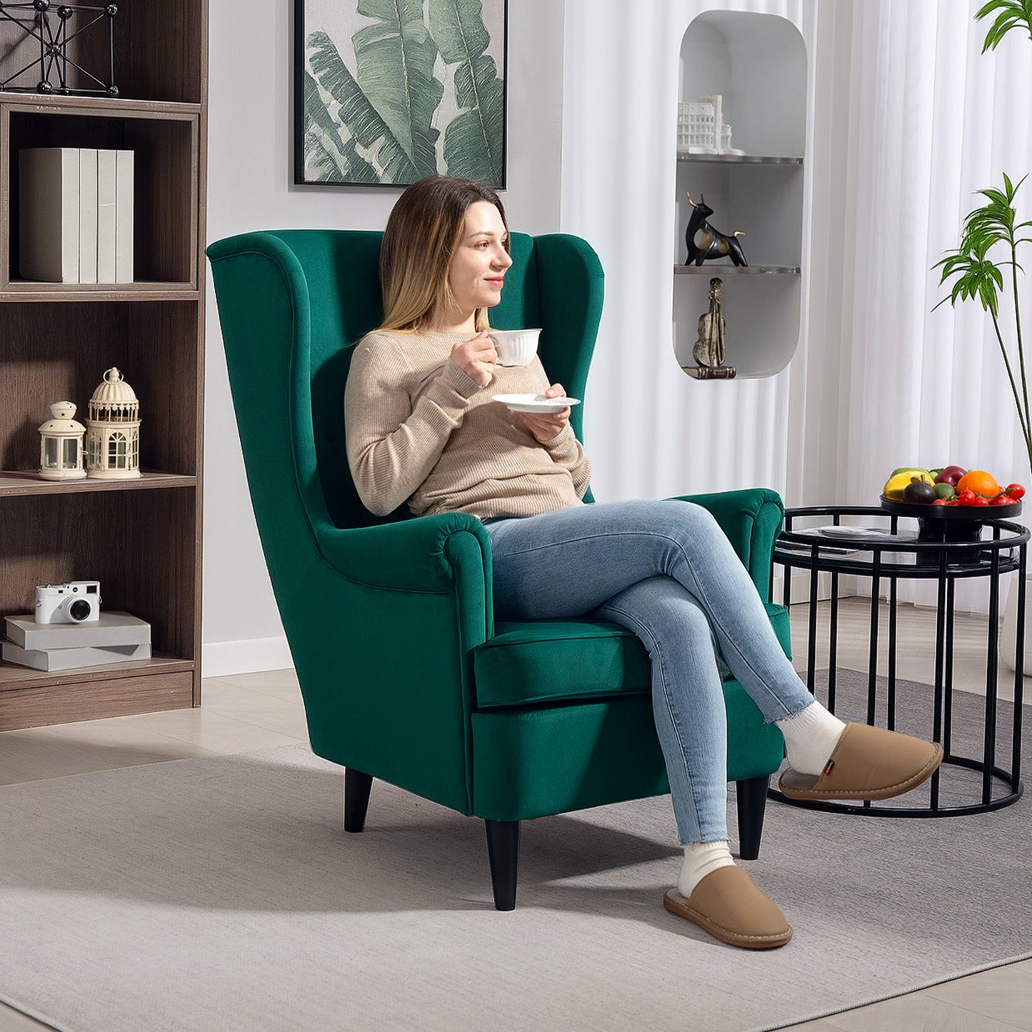 HOMCOM Modern Accent Chair With High Back Wingback Design Velvet Feel Upholstery Green Solid Wood Legs