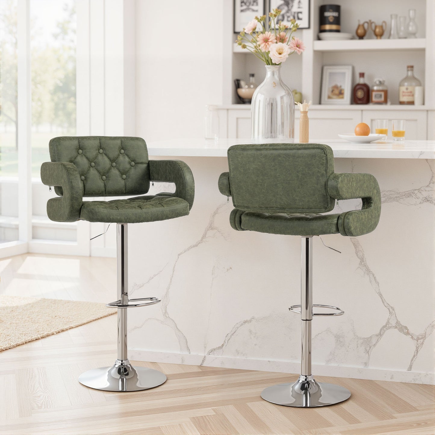 HOMCOM PU Leather Upholstered Swivel Bar Stool With Backrest Armrests Footrest Height Adjustable Green