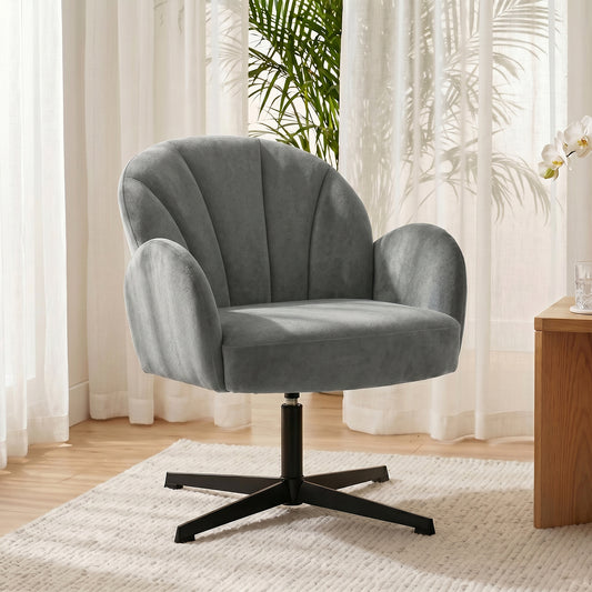 HOMCOM Swivel Accent Chair Shell Shaped Armchair With Spring Cushion 360 Degree Swivel Metal Base Grey