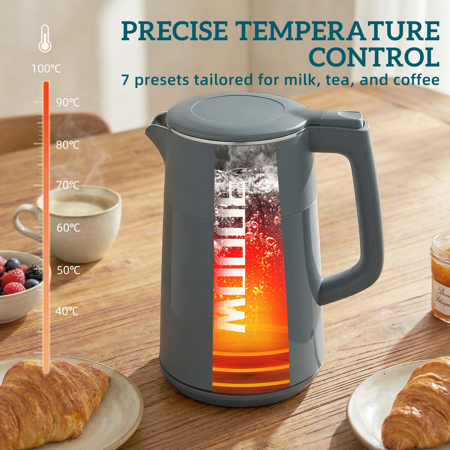 HOMCOM 1.7L Electric Kettle 3kW Fast Boil With UK Strix Thermostat LED Display Keep Warm Grey
