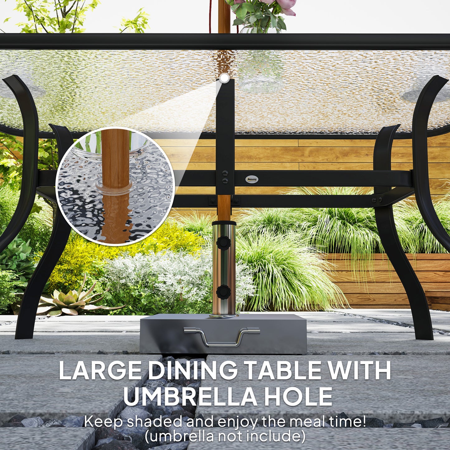 Outsunny Seven Piece Garden Dining Set With Cushions Black Steel Frame And Tempered Glass Table