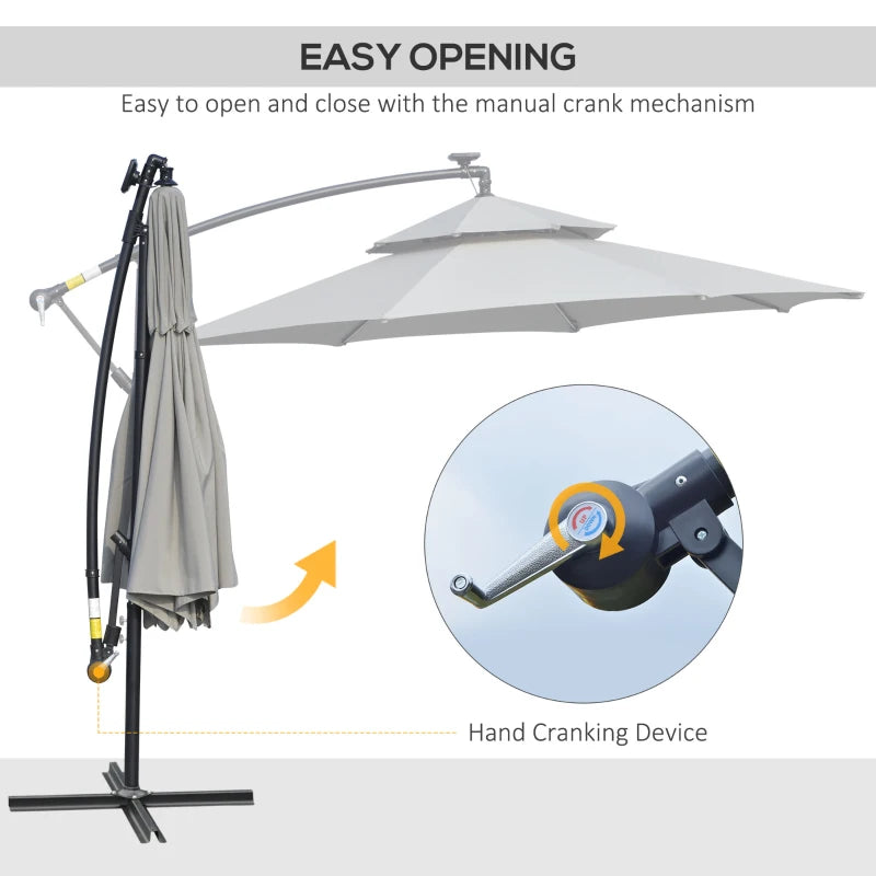 Outsunny 3m Cantilever Banana Parasol with Double Roof, LED Solar Lights, Crank, 8 Sturdy Ribs, Cross Base, for Outdoor Garden Patio, Light Grey - ALL4U RETAILER LTD