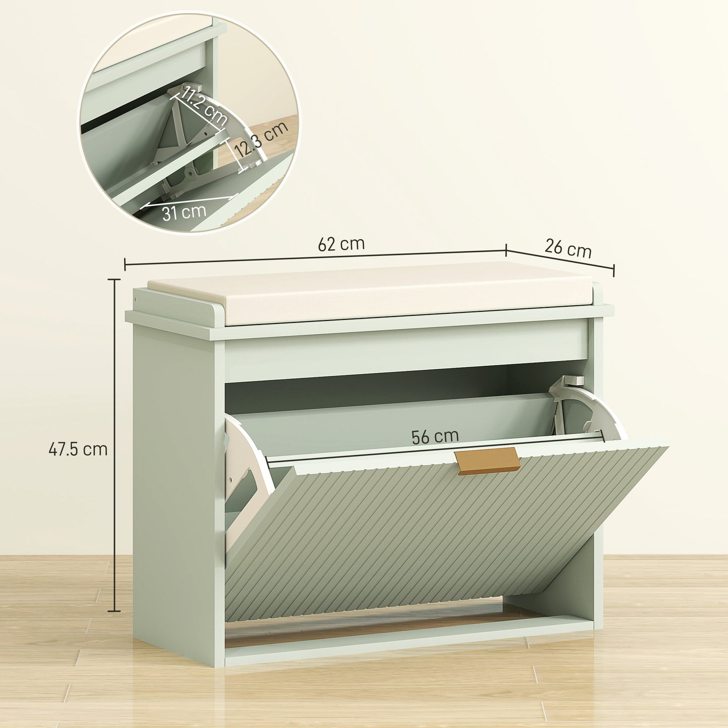 HOMCOM Elegant Six Shoe Bench With Top Seat And Flip Drawer Green Linen Feel Cushioned Entryway Bench