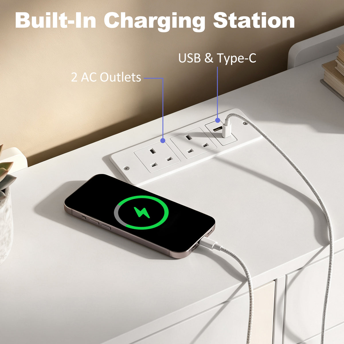 White dresser top charging station with USB and Type-C ports and an AC outlet panel