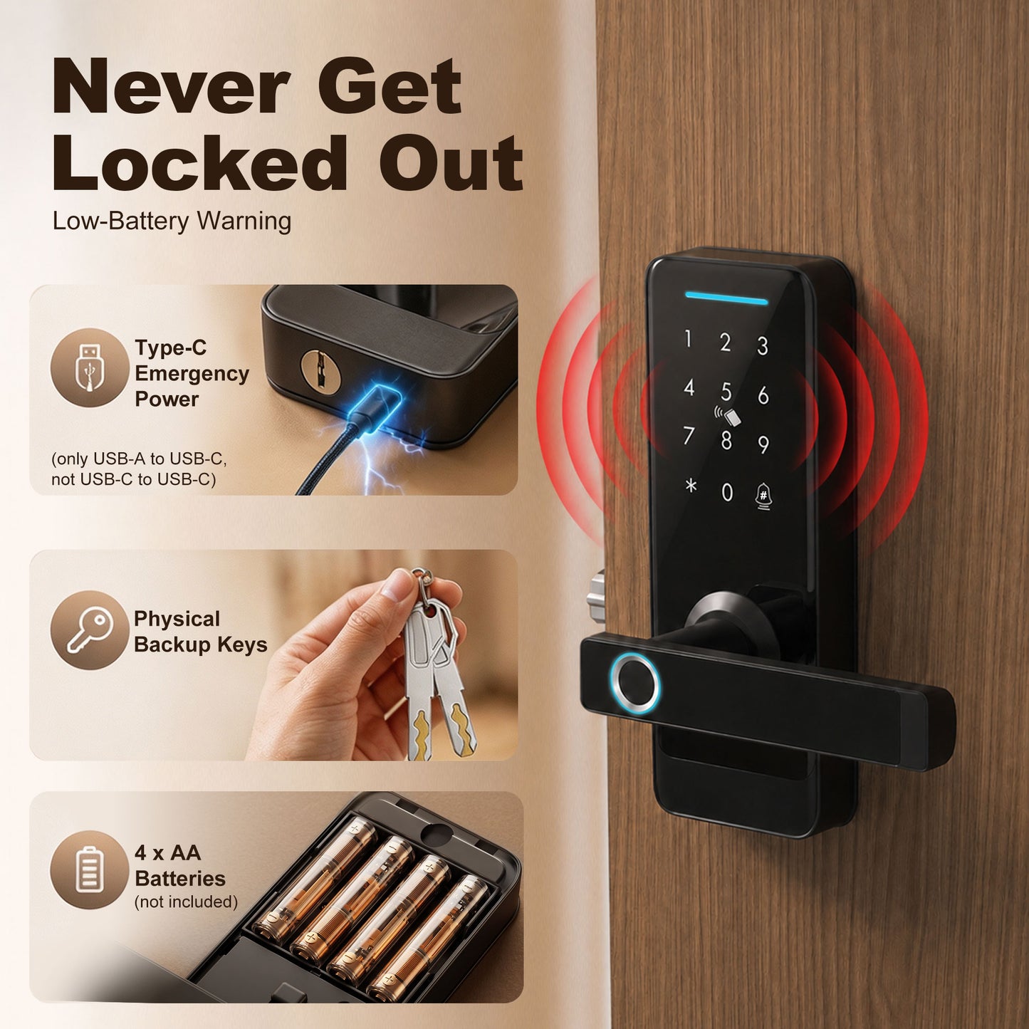 HOMCOM Smart Door Lock With Fingerprint Passcode Built In Doorbell