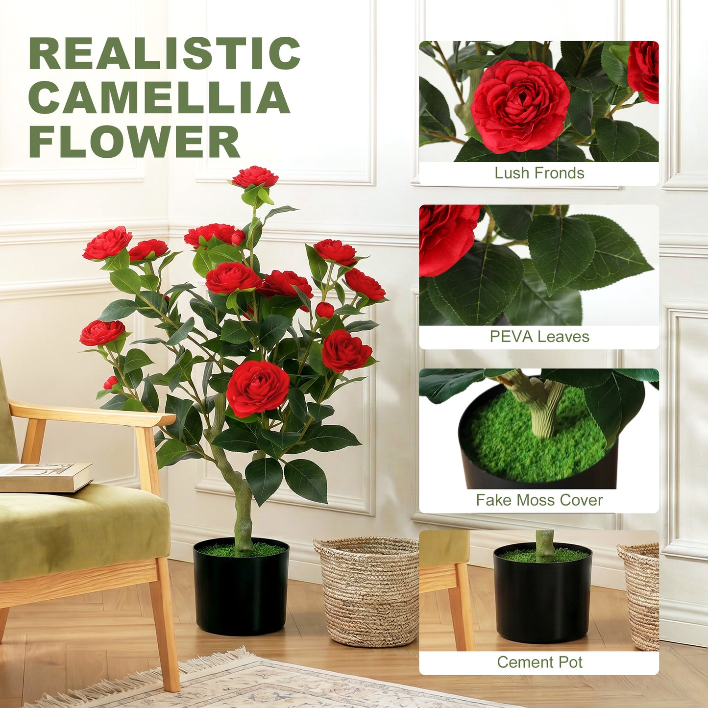 HOMCOM 65cm Artificial Camellia Flower Plant In Pot With 116 Lush Leaves And Moss Effect Red Silk Blossoms Weighted Base