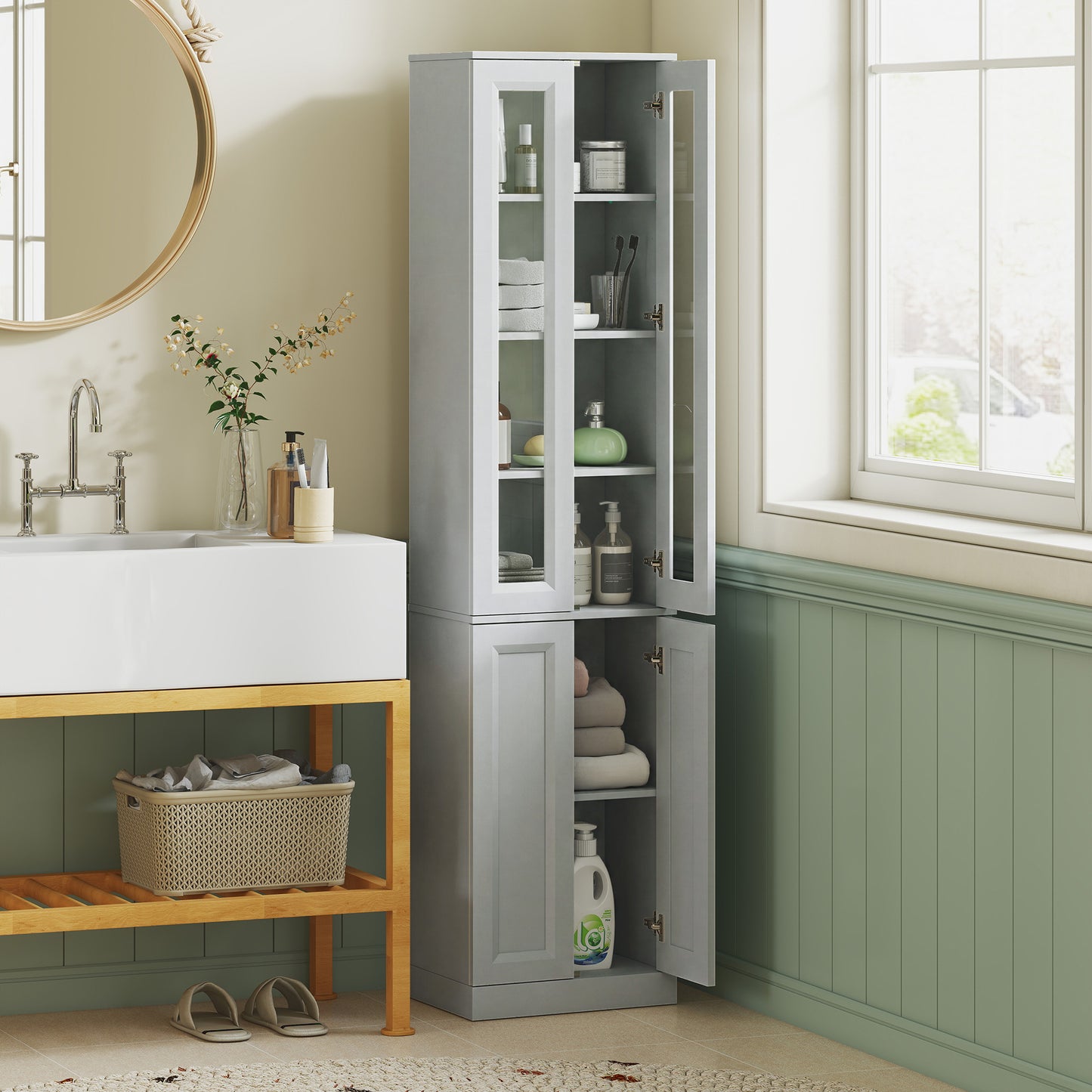 HOMCOM Tall Bathroom Storage Cabinet 6 Tier Slim Cabinet With Adjustable Shelf And Soft Close Doors Dusty Blue