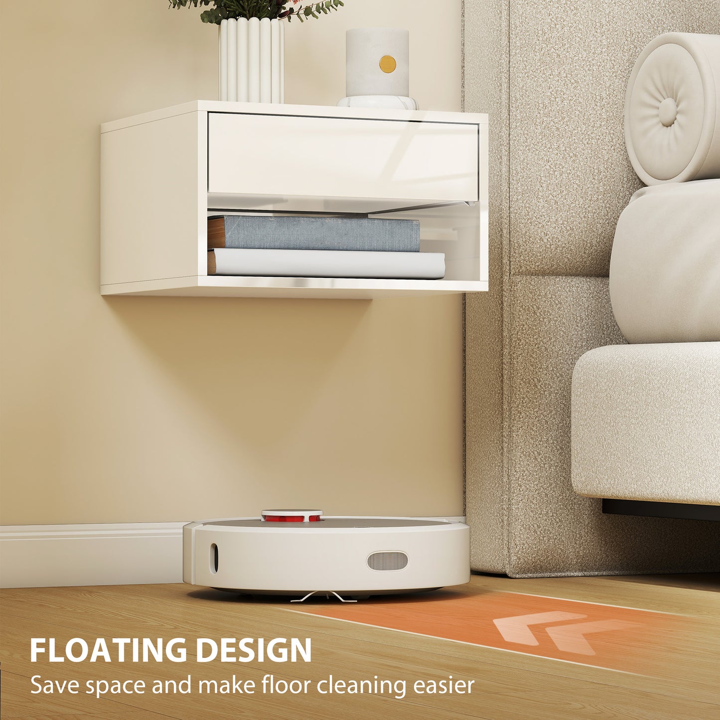 HOMCOM Set of Two Floating Bedside Tables Wall Mounted Nightstands with Drawer and Open Shelf High Gloss White