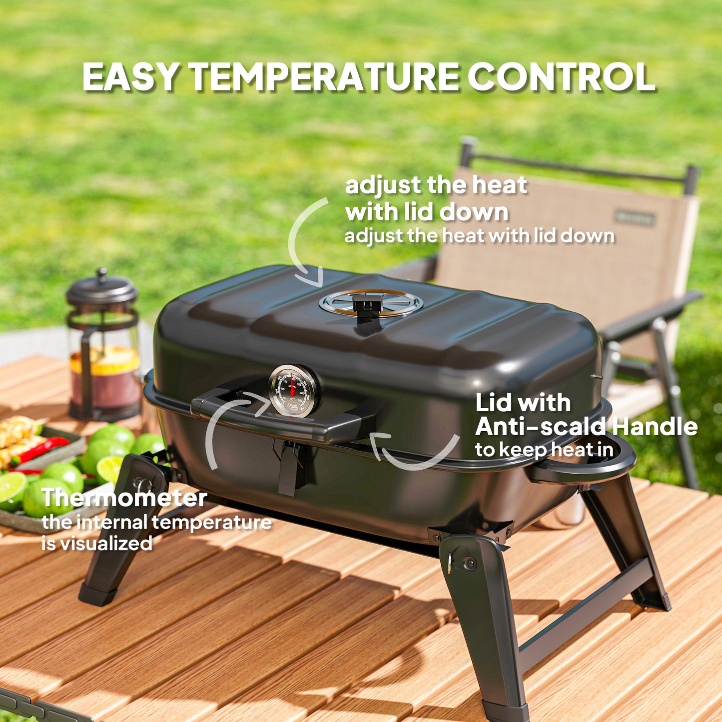 Outsunny Charcoal Folding Grill With 1232 Cm2 Cooking Area Adjustable Vent Thermometer Handles For Camping Picnic Black