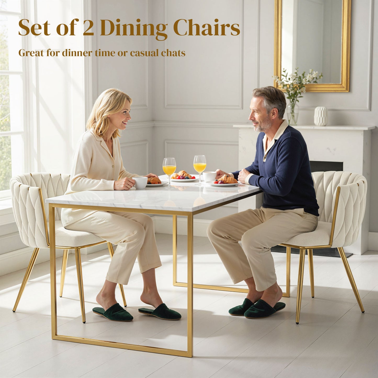 HOMCOM Velvet Feel Dining Chairs Set Of 2 With Knot Back And Gold Metal Legs Modern Upholstered Armchairs Cream