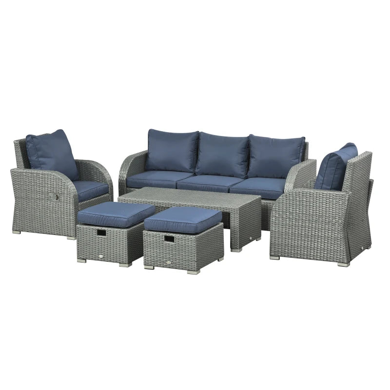 Outsunny 6-Piece Outdoor Rattan Dining Set with Reclining Armchairs - Blue | Stylish Patio Furniture Ensemble - ALL4U RETAILER LTD