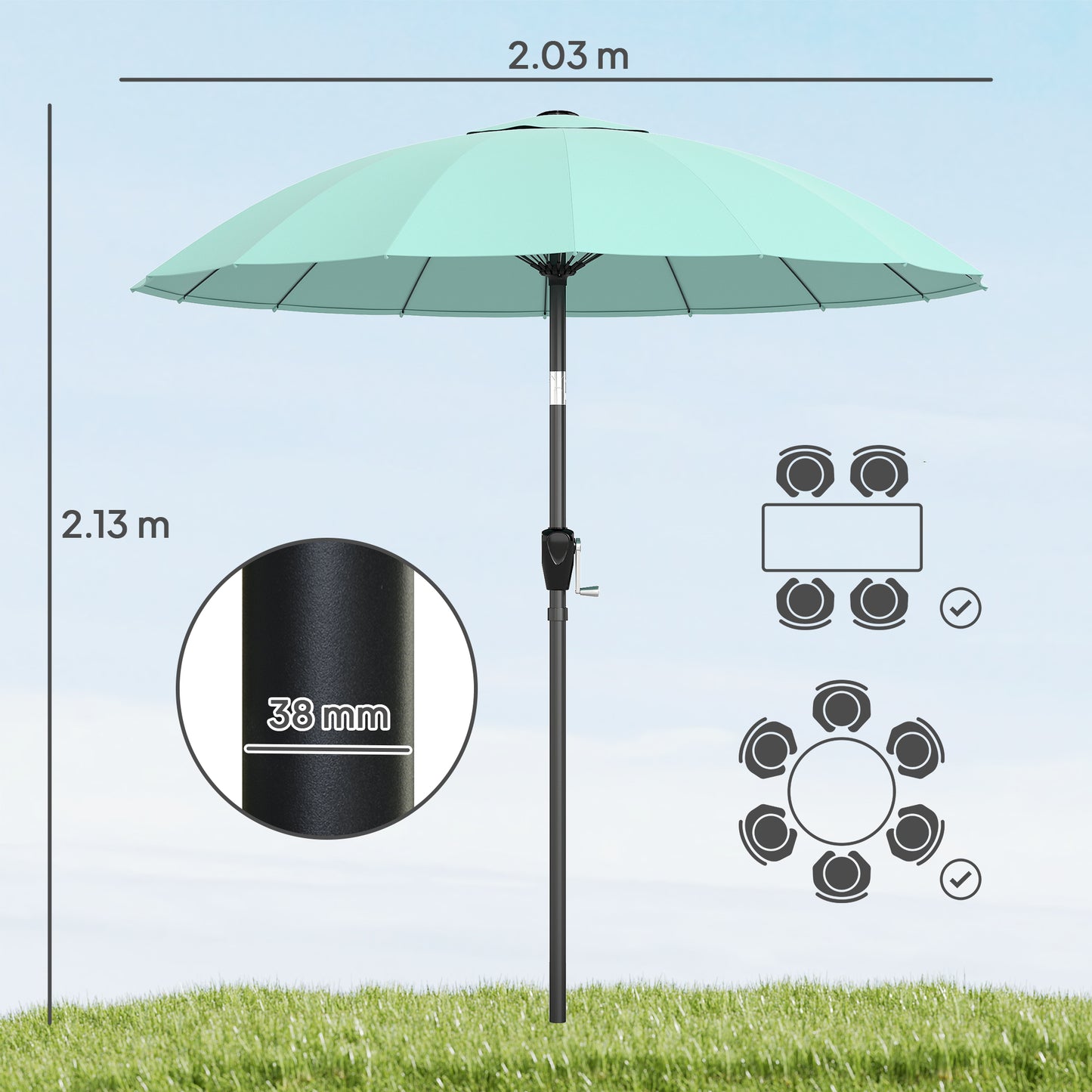 Outsunny 2m Shanghai Garden Parasol Umbrella With 16 Fibreglass Ribs Turquoise Crank Tilt Sun Shade