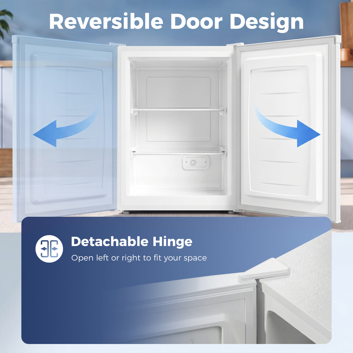 White mini upright freezer with reversible door design and detachable hinge