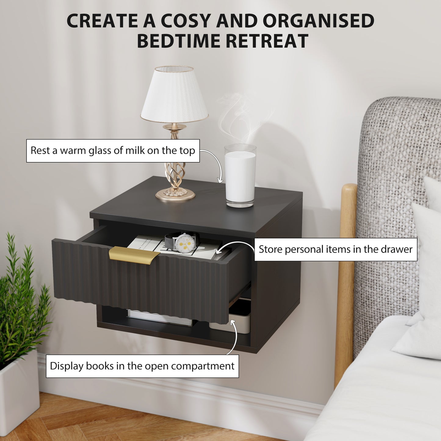 HOMCOM Floating Nightstands Set of 2 Modern Wall Mounted Bedside Tables Black Space Saving