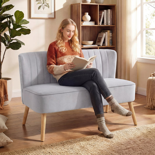 HOMCOM Modern Velvet Double Seater Sofa With Wood Frame Foam Padding Soft Comfortable Compact Couch Light Grey