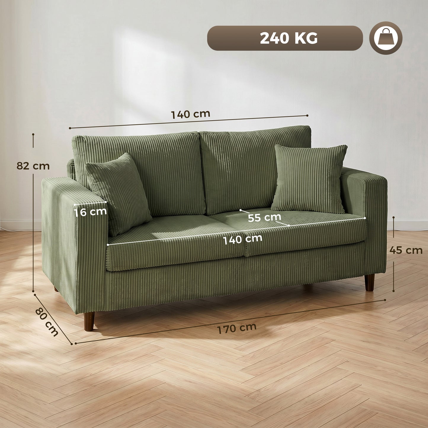HOMCOM Corduroy Loveseat Sofa With Wide Seat 2 Seater Couch Deep Seat Spring Cushion Green