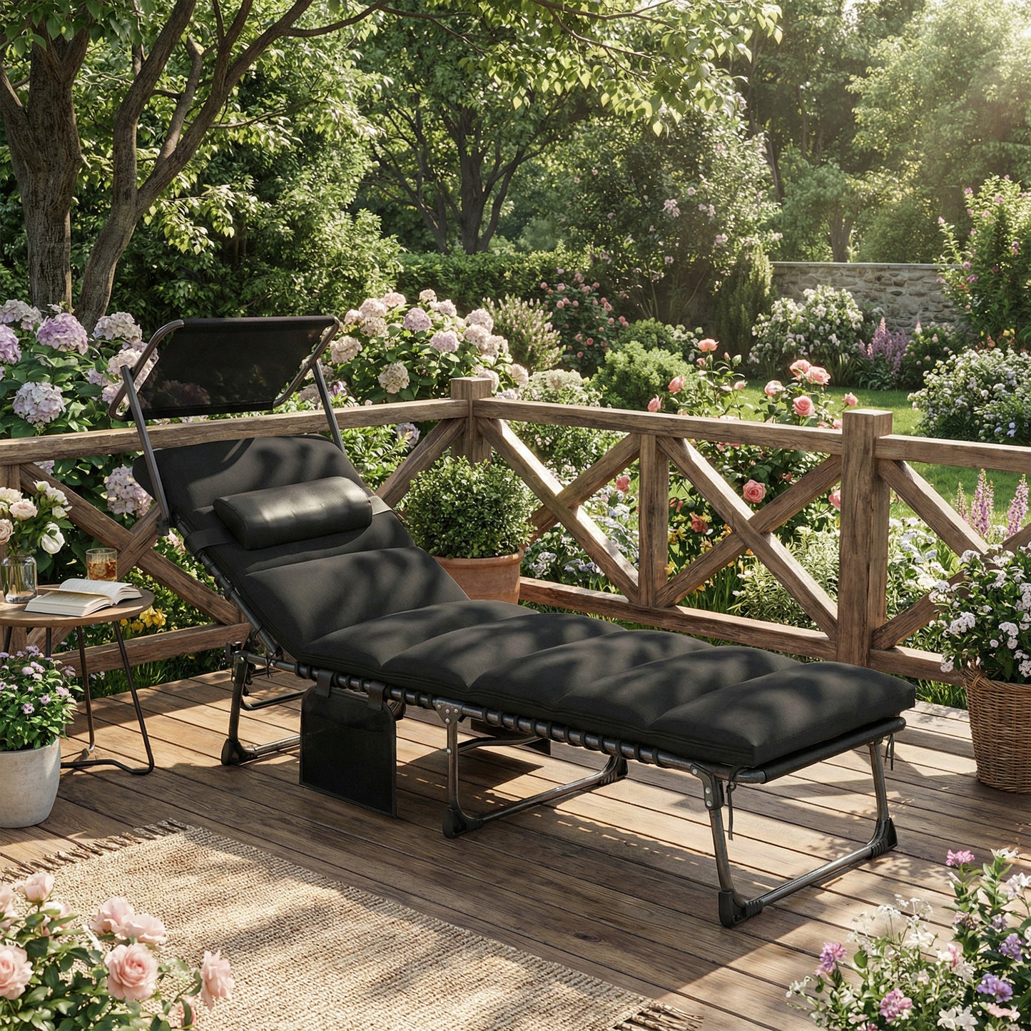 Outsunny Folding Sun Lounger with Canopy and Cushion, Reclining Sunbed with Side Pocket and Carry Handle, Black