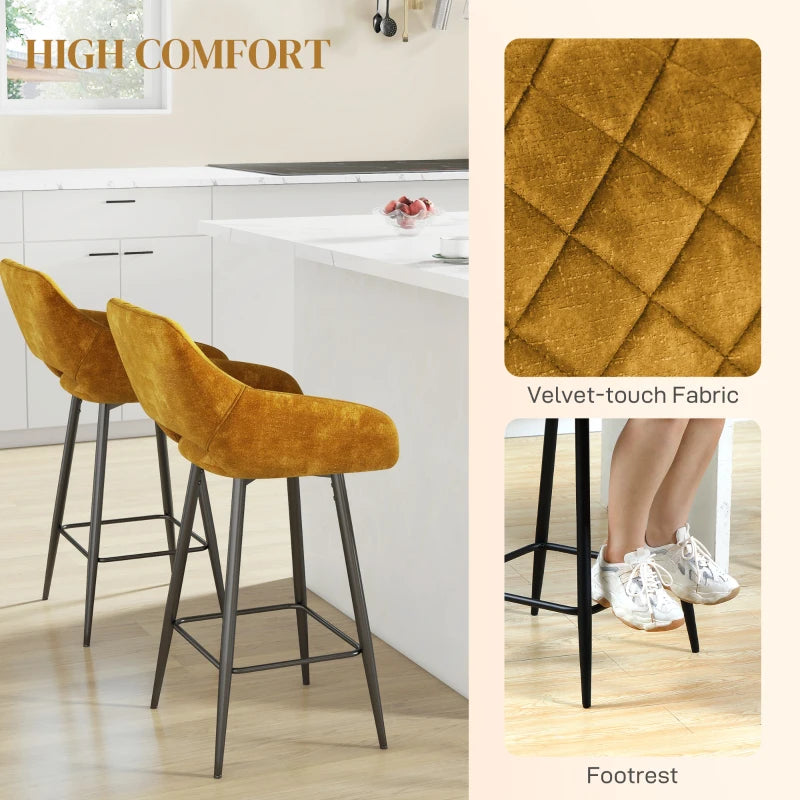 HOMCOM Set of 2 Brown Velvet-Feel Bar Stools - Modern Counter Height Chairs - ALL4U RETAILER LTD