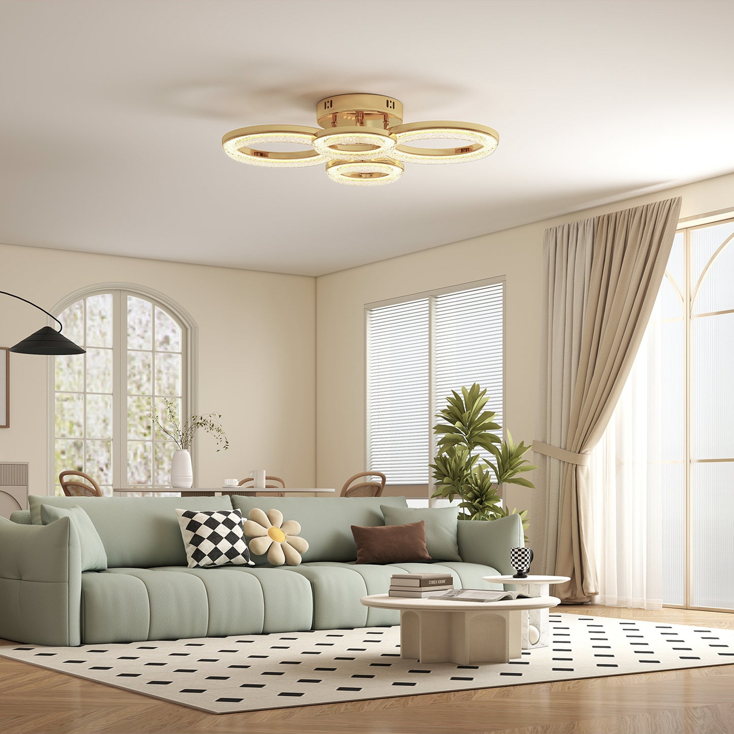 HOMCOM LED Ceiling Light 4 Ring Modern Flush Mount With Wall Switch Control 40W 4350lm 3500K 4500K 6000K Gold Tone