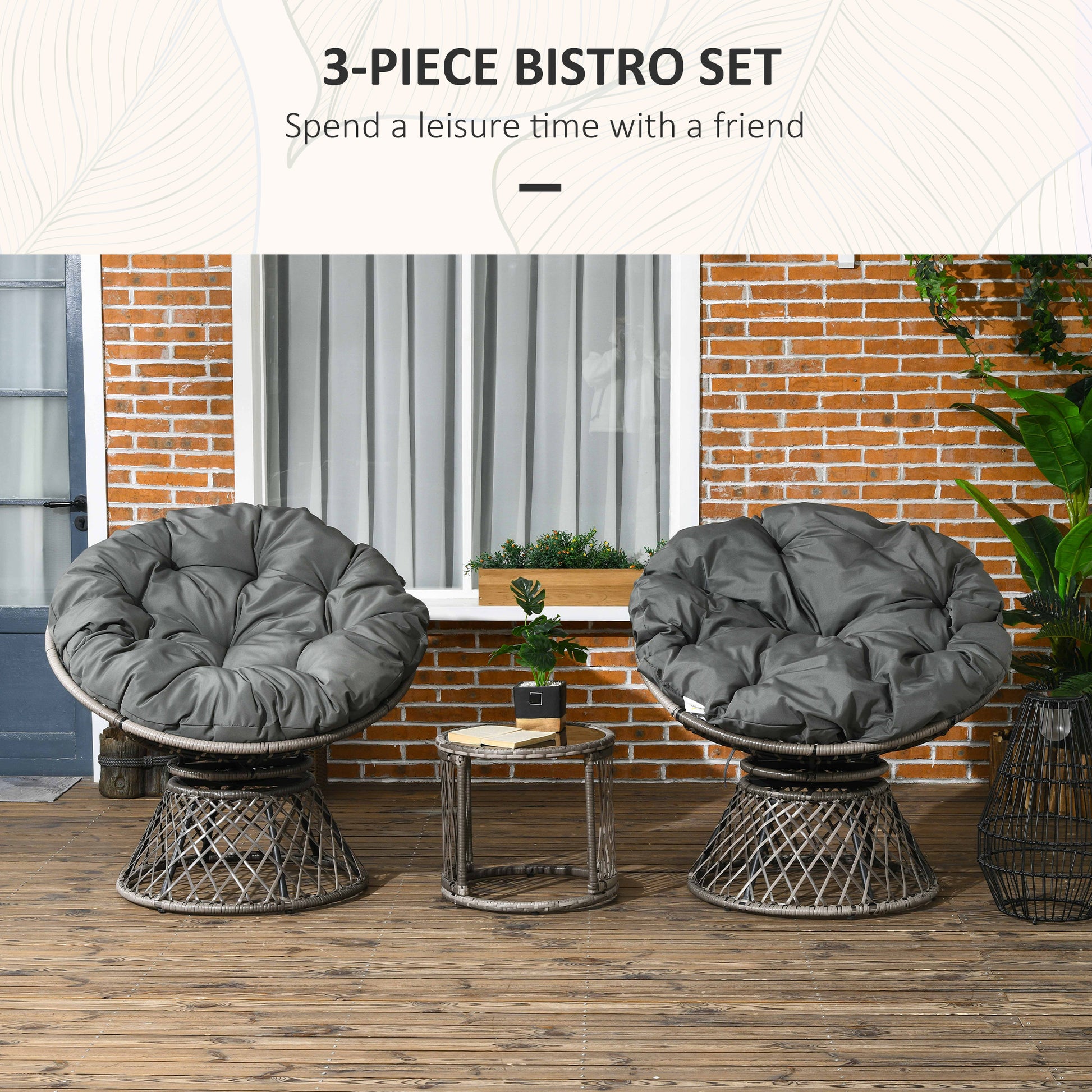 Outsunny Grey Rattan Outdoor Bistro Set with 360° Rotating Chairs and Glass Table - ALL4U RETAILER LTD