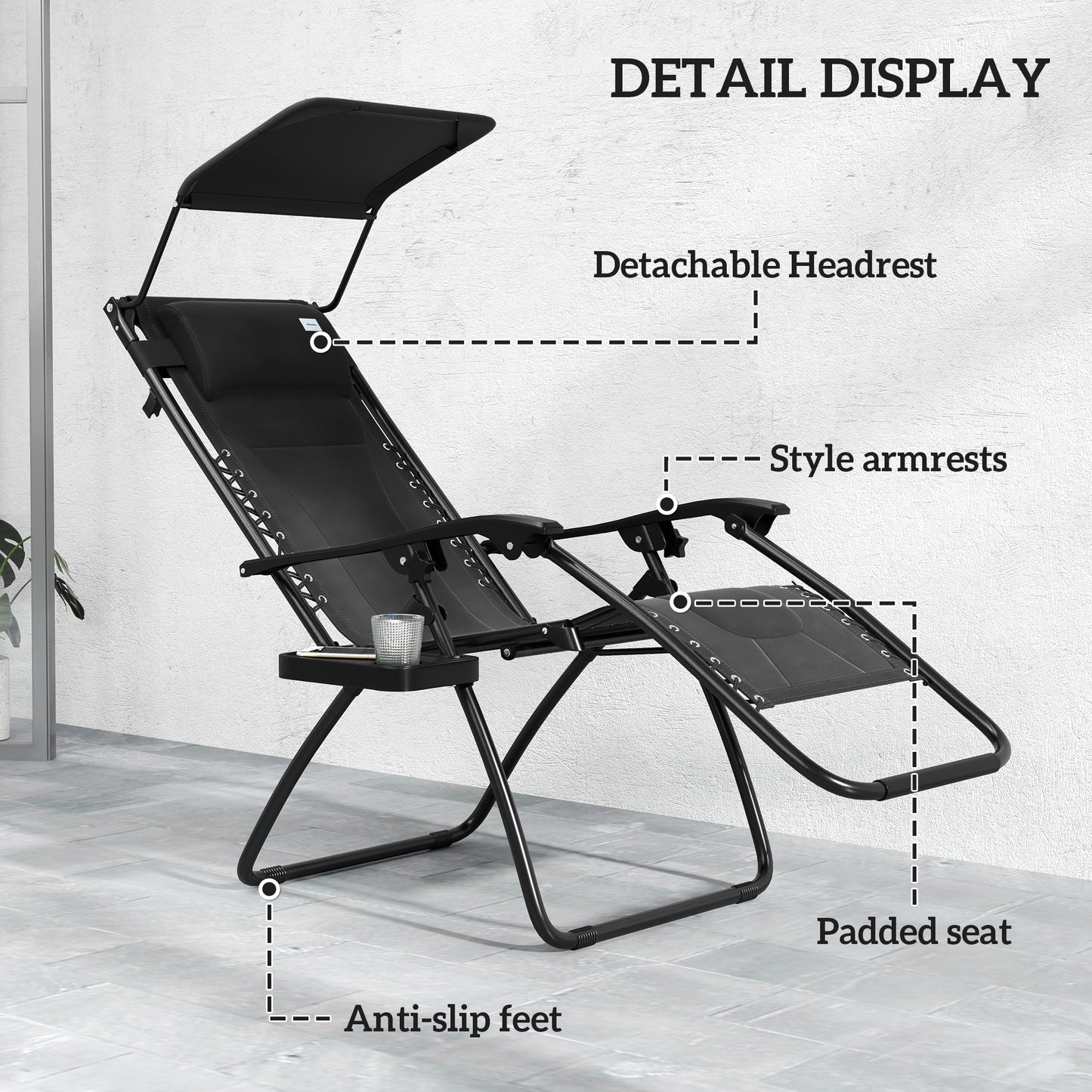Outsunny Zero Gravity Lounger Chair Folding Recliner With Shade Cover Padded Seat Cup Holder For Poolside Camping Black
