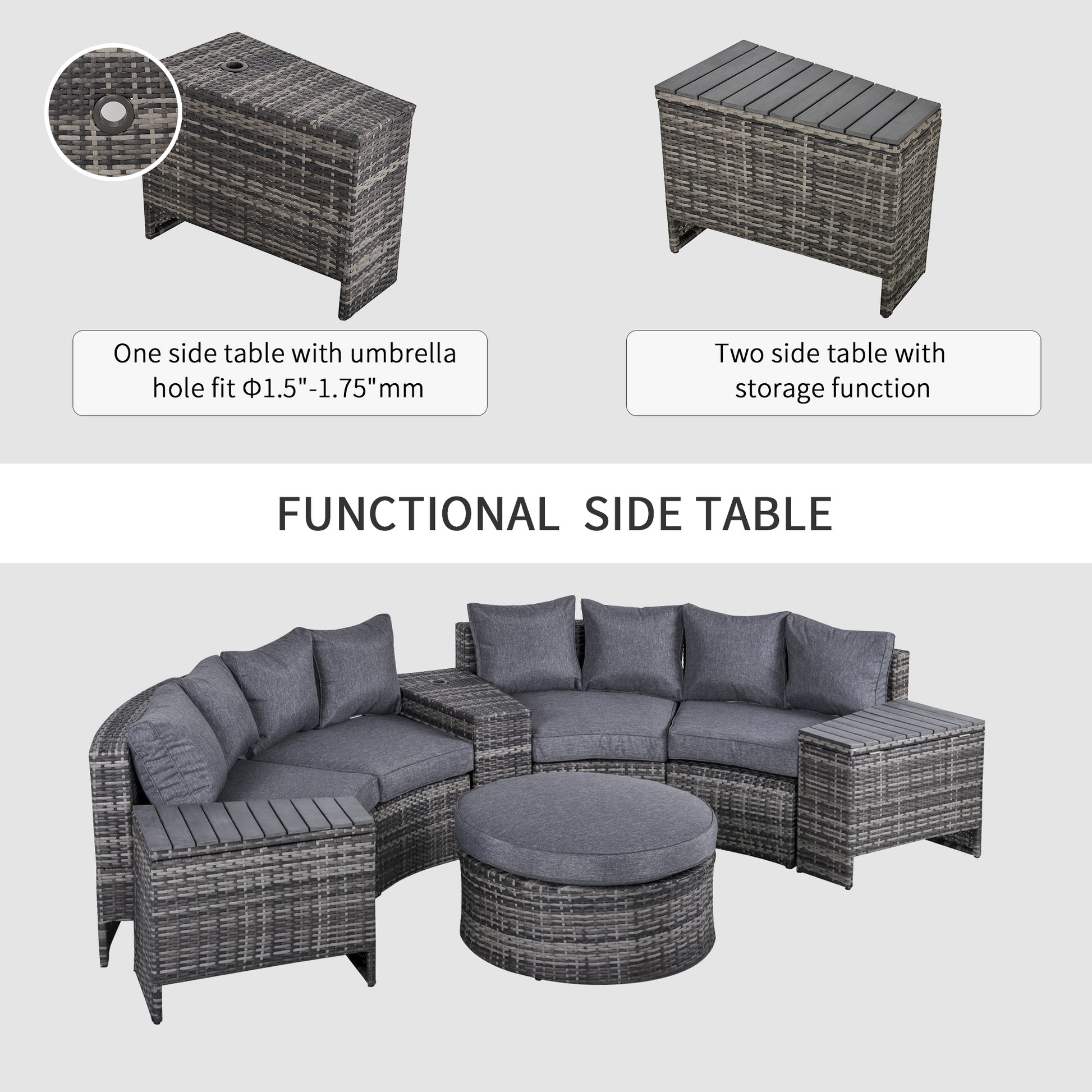 Outsunny Grey 4-Piece Semi-Circular Outdoor Wicker Sofa Set with Storage Tables and Umbrella Hole - ALL4U RETAILER LTD