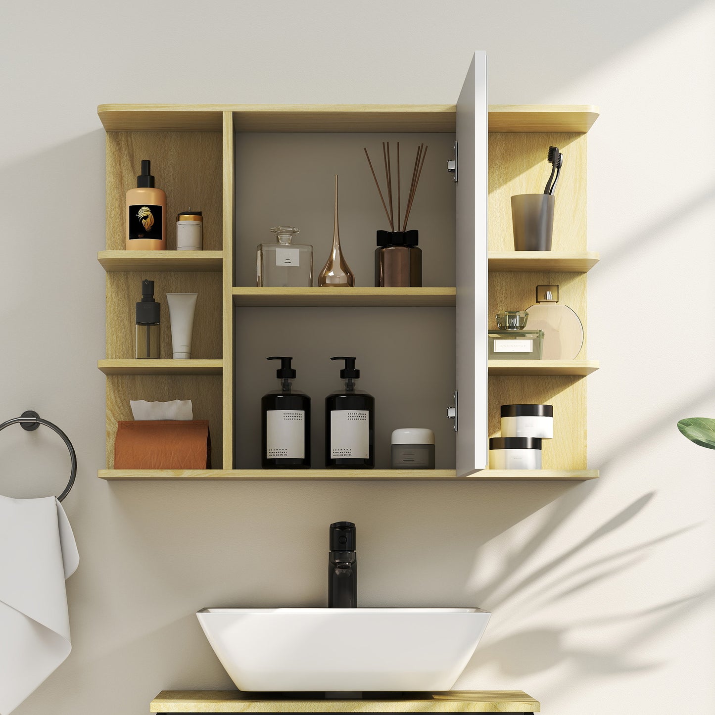 HOMCOM Bathroom Mirror Cabinet With Open Shelves And Hidden Storage In Natural Wood Finish