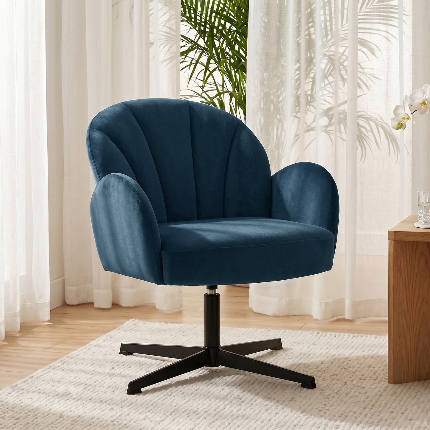 HOMCOM Swivel Accent Chair Shell Shaped Armchair With Spring Cushion And Metal Base Dark Blue
