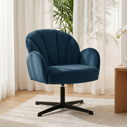 HOMCOM Swivel Accent Chair Shell Shaped Armchair With Spring Cushion And Metal Base Dark Blue