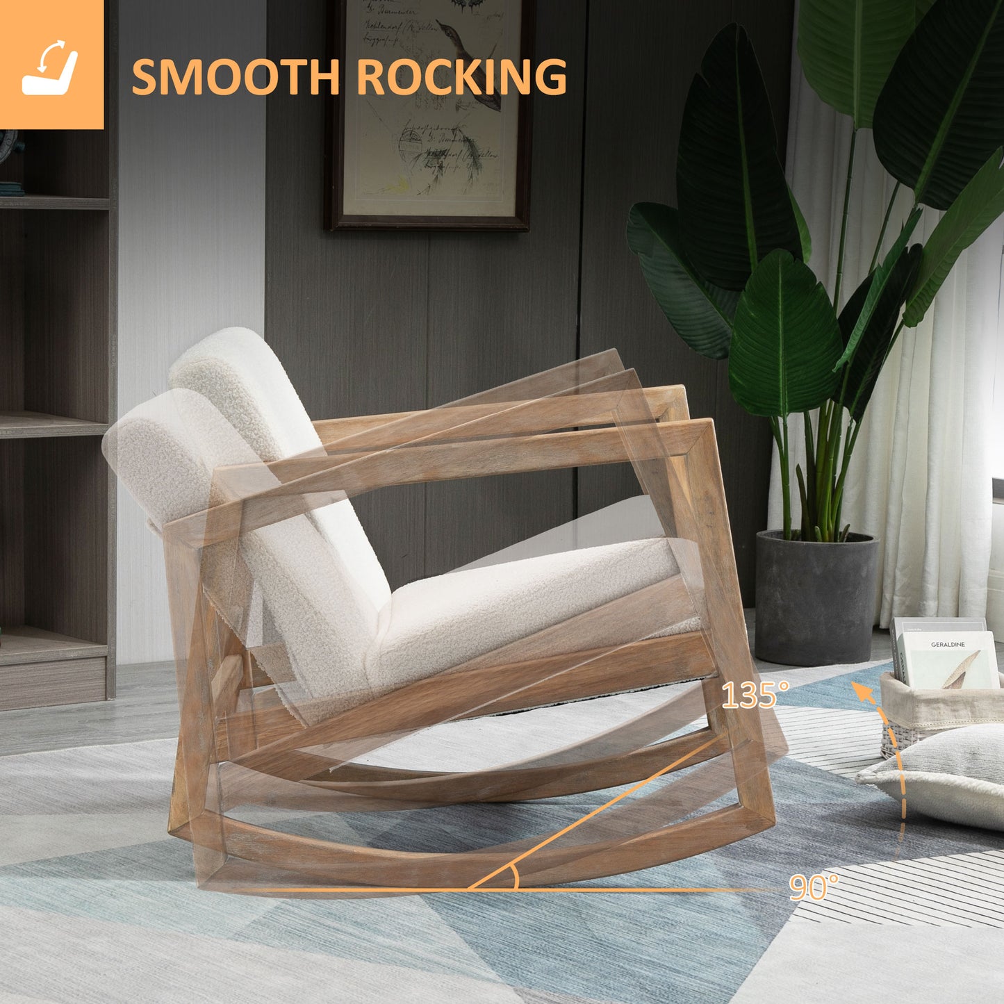 HOMCOM Rocking Chair Upholstered Armchair with Cushion and Wood Base for Living Room and Bedroom Cream White
