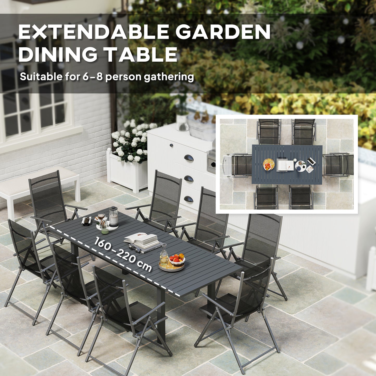 Outsunny Aluminium Extending Garden Table With Slatted Top And Butterfly Leaf For Six To Eight People Grey